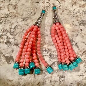 Gorgeous Pink Coral and Turquoise Long Beaded Boho Tassel Earrings